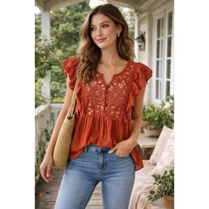 Knox Rose Embroidered‎ Ruffle Blouse Women's L Burnt Orange Boho Peasant Top